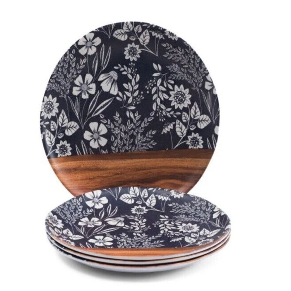 New Farmhouse Rachel Ashwell‎ 4 Dinner Plates Melamine Wood Grain Blue Floral